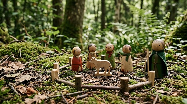 Wooden peg dolls and wolf figurine standing inside a small twig fence in a green forest
