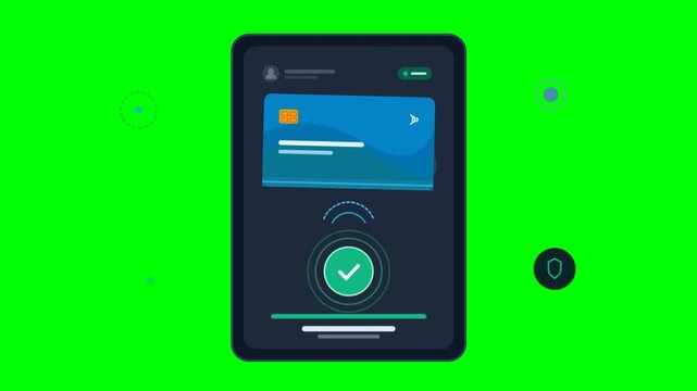Digital payment animation on tablet screen, mobile banking app with credit card, secure transaction confirmation on green screen background
