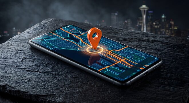 Smartphone with 3D GPS Location Pin and Digital City Map Navigation Interface at Night