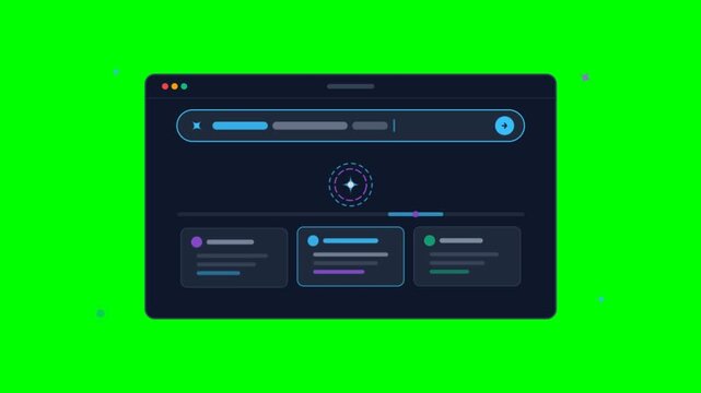 Search engine interface animation on green screen, digital web browser UI with search bar, dark mode website dashboard mockup