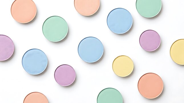 Top view of colorful round makeup eyeshadow pans arranged in a pattern on a bright surface. eyeshadow color combinations