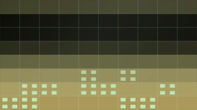 Abstract digital background with dark brown gradient horizontal stripes and small glowing light green square pixel patterns in a grid layout