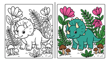 A fun educational coloring page featuring a cute triceratops dinosaur standing in a beautiful garden with flowers and mushrooms for children © MdHabibur
