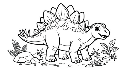 A cute cartoon stegosaurus dinosaur standing in a prehistoric landscape for a fun educational activity in this printable black white coloring page © MdHabibur