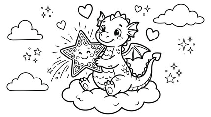 Fototapeta premium A cute baby dragon holding a smiling star on a fluffy cloud in this whimsical black and white coloring page illustration