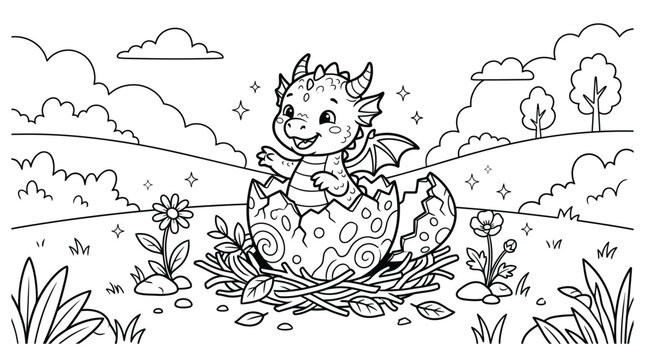 A cute baby dragon hatching from an egg in a magical forest landscape for a fun creative kids coloring page activity