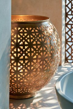 Closeup of pierced brass lantern with geometric pattern, warm amber light illuminating matte plaster in a Moroccan riad bathroom setting