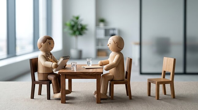 Wooden mannequin figures sitting at a small table during a business meeting in an office setting