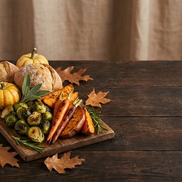 A delicious roasted vegetable platter served on a rustic wooden board for a festive thanksgiving day dinner celebration