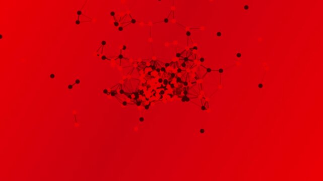 Abstract network connection pattern with black dots and lines on a bright solid red background for technology and digital communication concepts