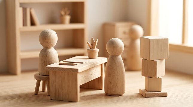 Wooden doll figures at a miniature office desk with stacked cubes on a light wooden surface