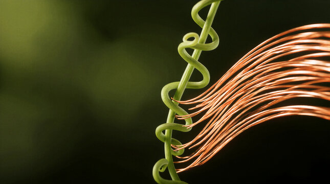 Copper wire springing outward from coiling grape vine tendrils representing rapid high speed momentum and energy release