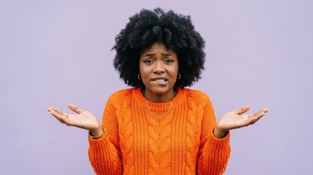 Confused Young Black Woman Shrugging Shoulders and Biting Lip Expressing Uncertainty on Purple Background
