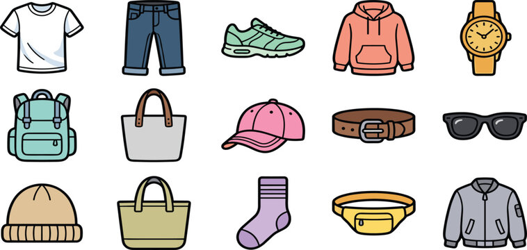 Set of casual fashion clothes and accessories icons featuring t shirt jeans sneaker hoodie backpack hat sunglasses and bags vector