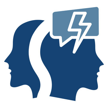 Two blue silhouetted heads with idea speech bubble lightning bolt