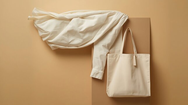 Beige Cloth Garment and Cotton Tote Bag Flat Lay.