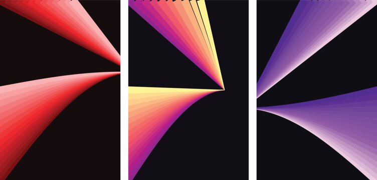 Three vertical panels with gradient fan shapes in red, yellow, orange, and purple on black background