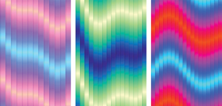 Three vertical panels with holographic gradient stripes, wavy color transitions and luminous effects