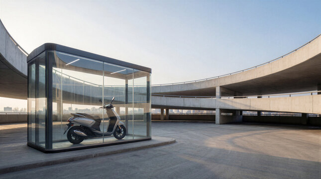 Modern glass scooter storage pod parked beside a spiraling concrete car park ramp in an urban setting