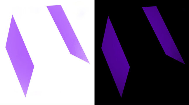 Minimalist purple geometric shapes, abstract rhombus and parallelogram icons, modern violet graphic elements on white and black backgrounds