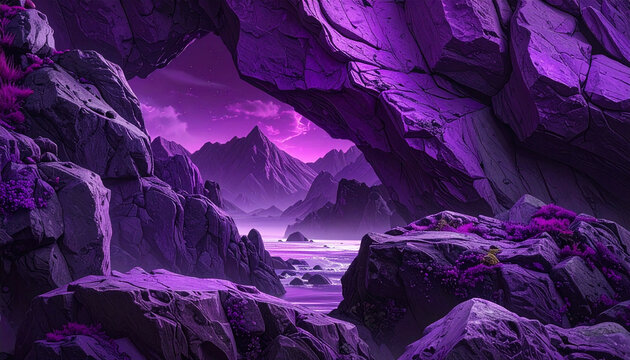Fantasy alien landscape featuring jagged purple rock formations, a rocky natural stone arch, distant mountains, and a glowing purple sky. Video game background and sci-fi concept banner.