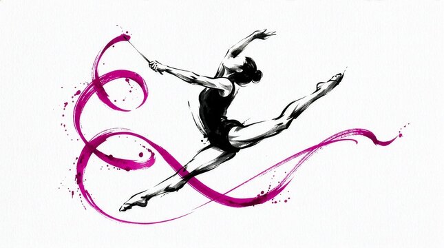 Sumi-e style illustration of a rhythmic gymnast leaping with pink ribbon splash
