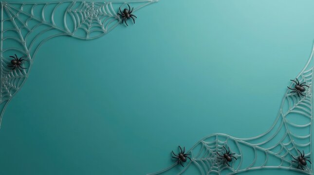 Eerie teal halloween background with spooky spiderwebs and dark shadows for a festive october design