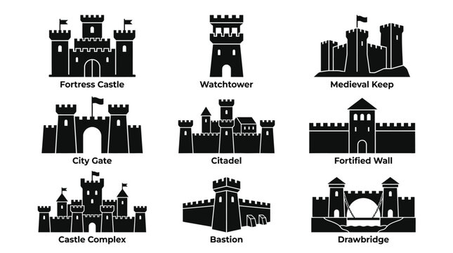 Black and white castle silhouettes set.
