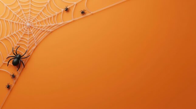 A spooky halloween scene with a dark spider and web on a vibrant orange background
