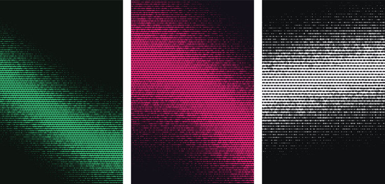 Three vertical panels featuring halftone patterns of small triangles in green, pink, and white colors