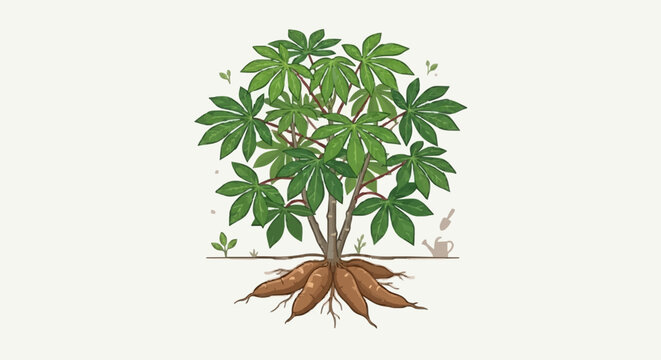 Cassava Plant Illustration with Green Leaves and Tuber Roots Isolated on White Background