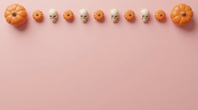 A delightful halloween assortment of miniature pumpkins ghosts and sweet treats on a pink backdrop