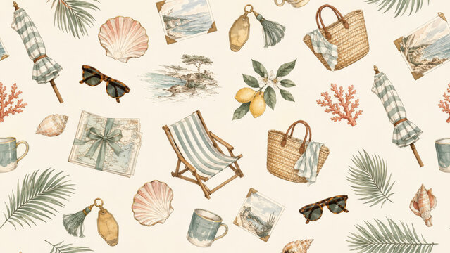 Seamless pattern with travel elements like shells, maps, and sunglasses