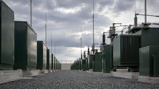 Low-Angle Perspective View Across BESS Interconnection Substation Medium Voltage Switchgear