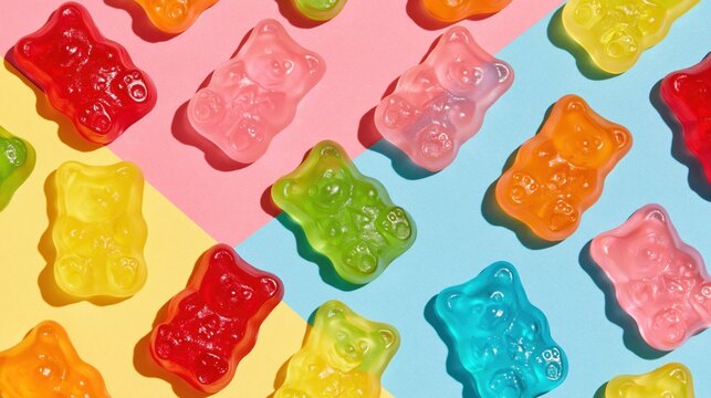 Colorful translucent gummy bears scatter across playful pastel geometric background