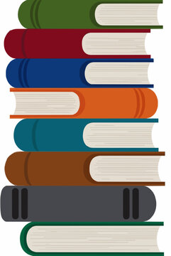 Hand-drawn vector illustration of a tall stack of colorful hardcover books with visible lined pages, perfect for library, education, and coding reference graphics