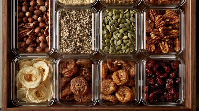 Organized compartments hold mixed nuts seeds and dried fruit from above