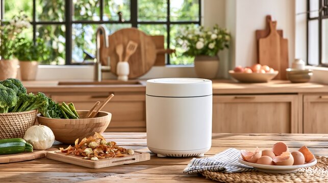 White countertop food composter stands among fresh produce and kitchen scraps