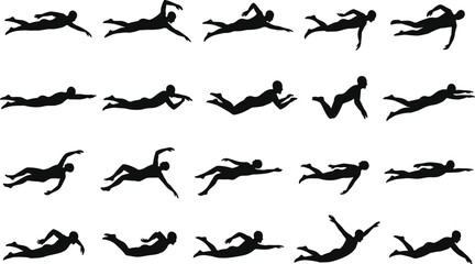 Fototapeta premium Professional Male Swimmer Silhouette Set Swimming Freestyle Breaststroke Backstroke Butterfly Poses for Triathlon Sports Competition Vector