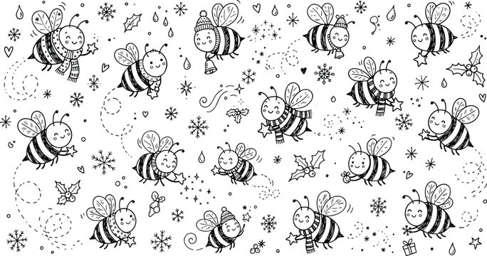 Cute winter honey bee coloring page pattern with cartoon bees flying among snowflakes stars and holly berries vector illustration