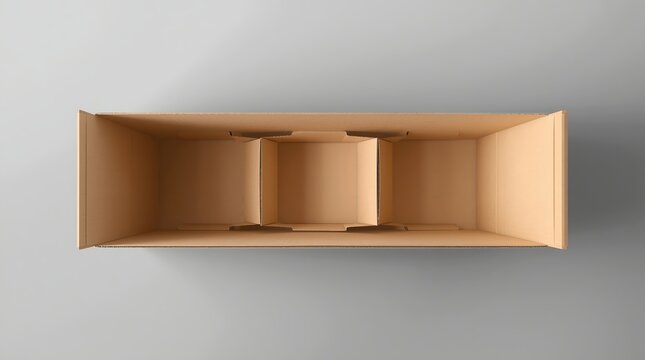 Empty open cardboard box on white surface.