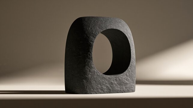 Minimal black stone arch pedestal with oval opening in dramatic sunlight