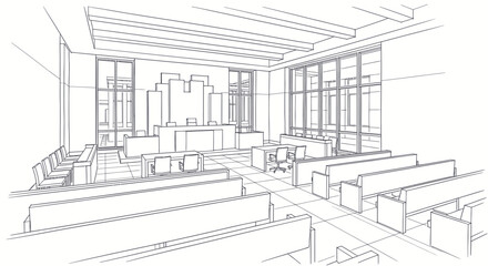 Fototapeta premium Architectural sketch of a modern courtroom interior design.
