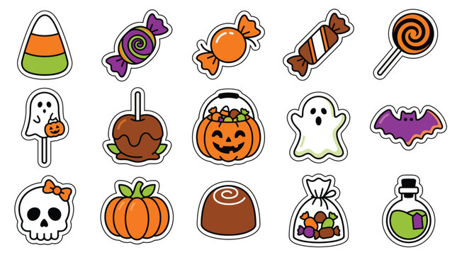 Cute Halloween sticker collection featuring festive pumpkins, spooky ghosts, sweet candies, and autumn treats for holiday designs