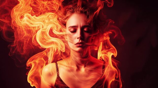 Woman with closed eyes surrounded by swirling ethereal flames. Conceptual portrait of internal fire and transformation. Lockdown medium shot.