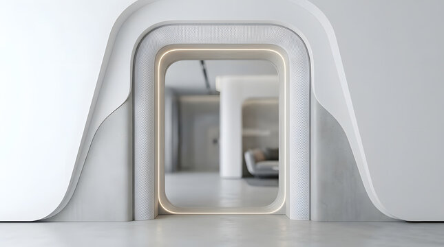 Minimalist white interior architecture with a glowing futuristic doorway and clean lines