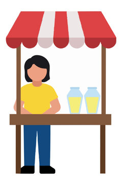 Hand-traced vector illustration of a young woman vendor standing behind a charming wooden lemonade stand with striped red and white awning, offering refreshing beverages in clear glass bottles