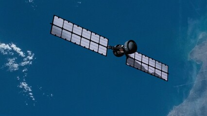 Solar powered satellite hovering over the blue oceans of planet Earth. Collecting meteorological data for weather forecasting. NASA public domain imagery © Marcin Janiec