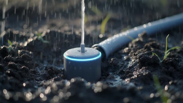 Smart Automated Irrigation Nozzle with Glowing Blue LED Sensor Spraying Water on Wet Soil for Precision Agriculture and Aggrotech Farming