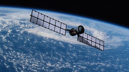 Solar powered satellite hovering over the blue planet Earth. Collecting data for weather forecasting or providing communications. NASA public domain imagery © Marcin Janiec